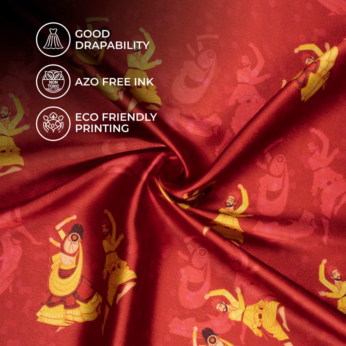 Vermilion Red And Corn Yellow Gamthee Pattern Digital Print Japan Satin Fabric