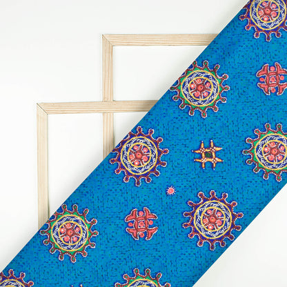Sapphire Blue And Punch Pink Gamthee Pattern Digital Print Japan Satin Fabric