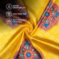 Bumblebee Yellow And Sky Blue Gamthee Pattern Digital Print Japan Satin Fabric