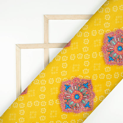 Bumblebee Yellow And Sky Blue Gamthee Pattern Digital Print Japan Satin Fabric