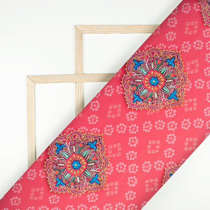 Dark Pink And Sky Blue Gamthee Pattern Digital Print Japan Satin Fabric