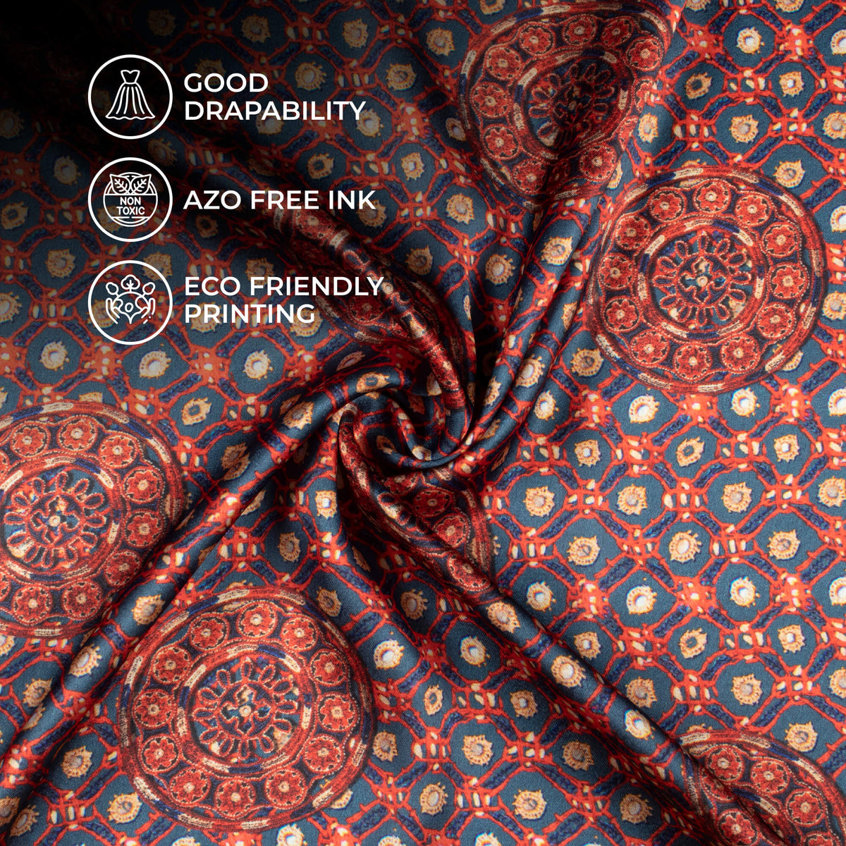 Slate Grey And Sangria Red Gamthee Pattern Digital Print Japan Satin Fabric
