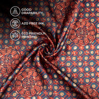 Slate Grey And Sangria Red Gamthee Pattern Digital Print Japan Satin Fabric