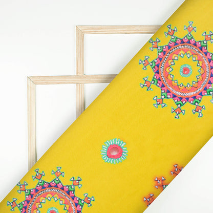 Bumblebee Yellow And Hot Pink Gamthee Pattern Digital Print Japan Satin Fabric