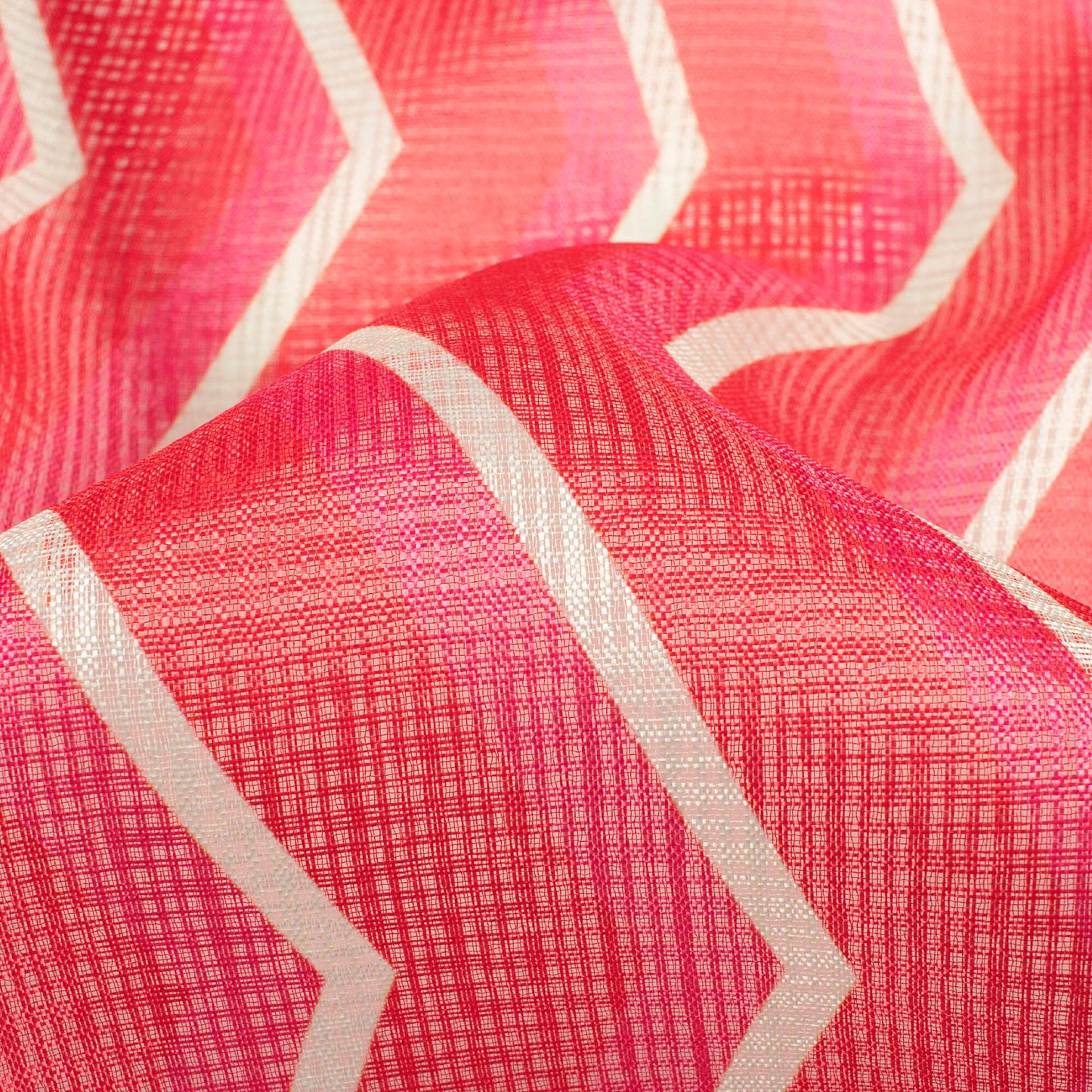 Red And Cream Chevron Pattern Digital Print Kota Doria Fabric