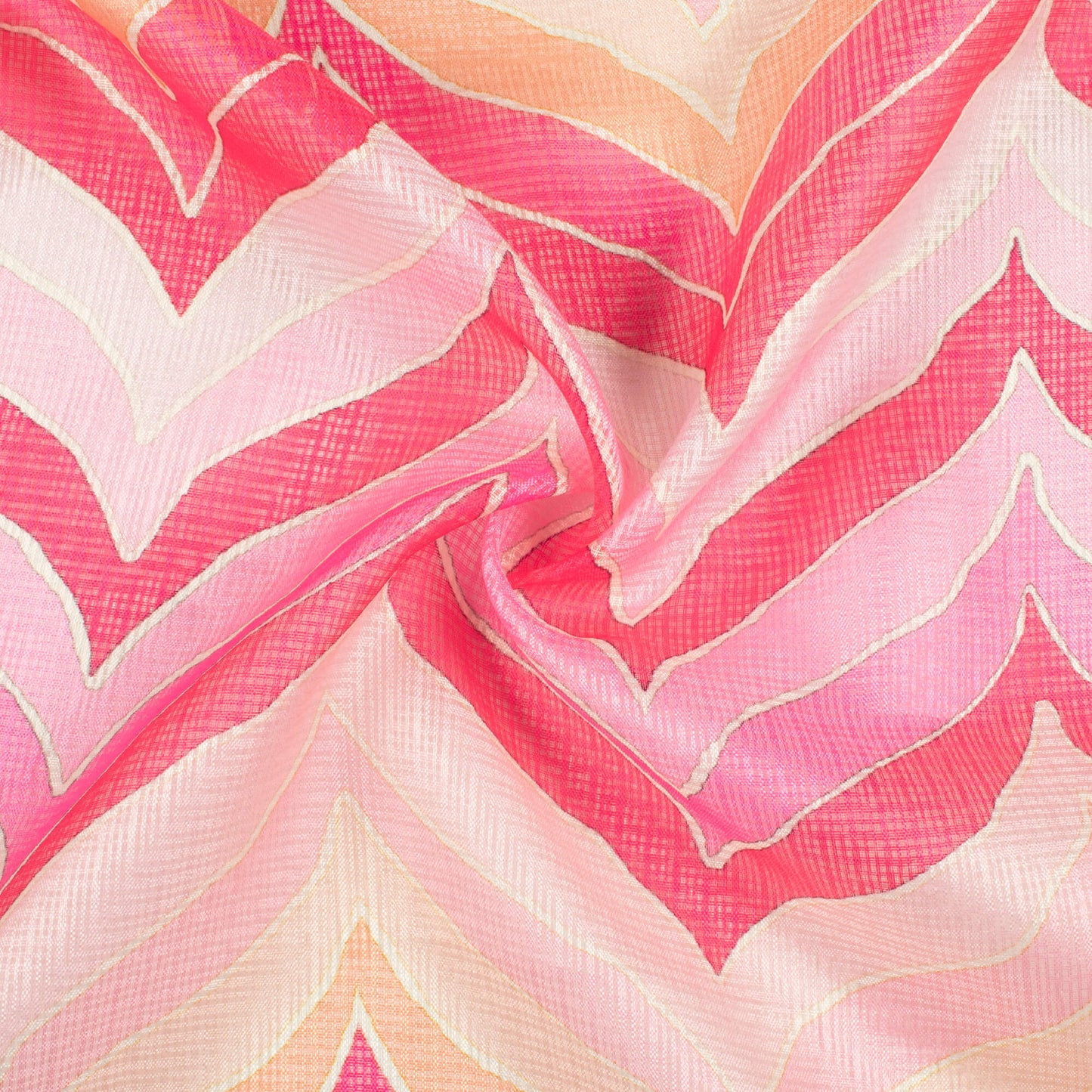 Pink And Beige Chevron Pattern Digital Print Kota Doria Fabric
