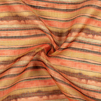 Ochre Yellow And Brown Stripes Pattern Digital Print Kota Doria Fabric