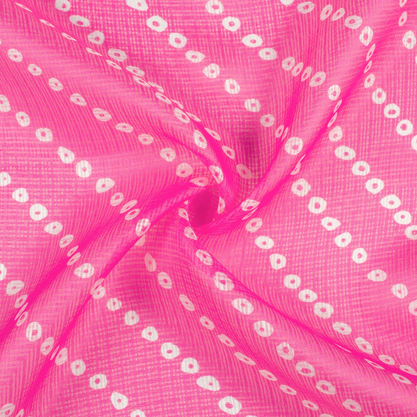 Hot Pink And White Bandhani Pattern Digital Print Kota Doria Fabric