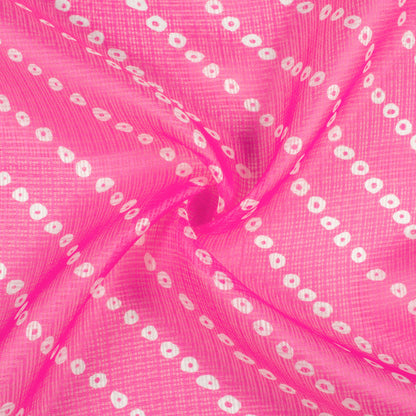 Hot Pink And White Bandhanii Pattern Digital Print Kota Doria Fabric