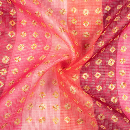 Pink And Yellow Bandhanii Pattern Digital Print Kota Doria Fabric