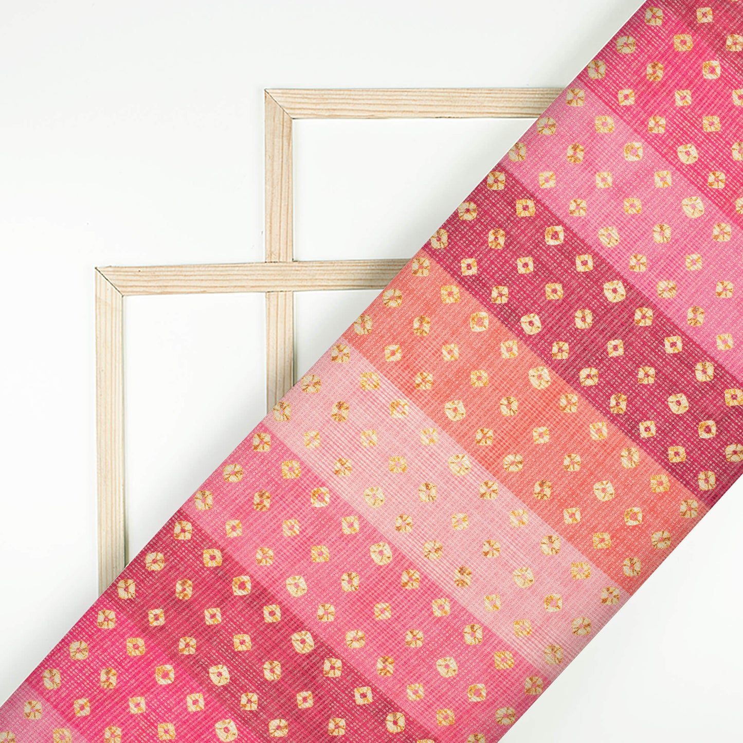 Pink And Yellow Bandhani Pattern Digital Print Kota Doria Fabric