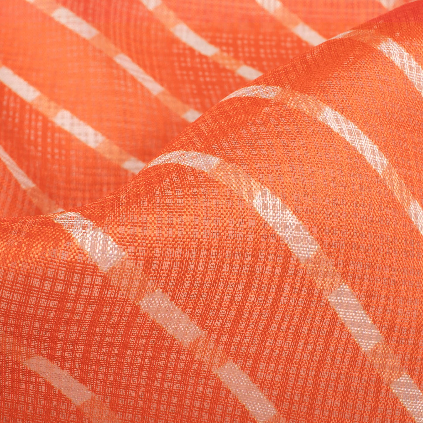 Orange And White Bandhani Pattern Digital Print Kota Doria Fabric