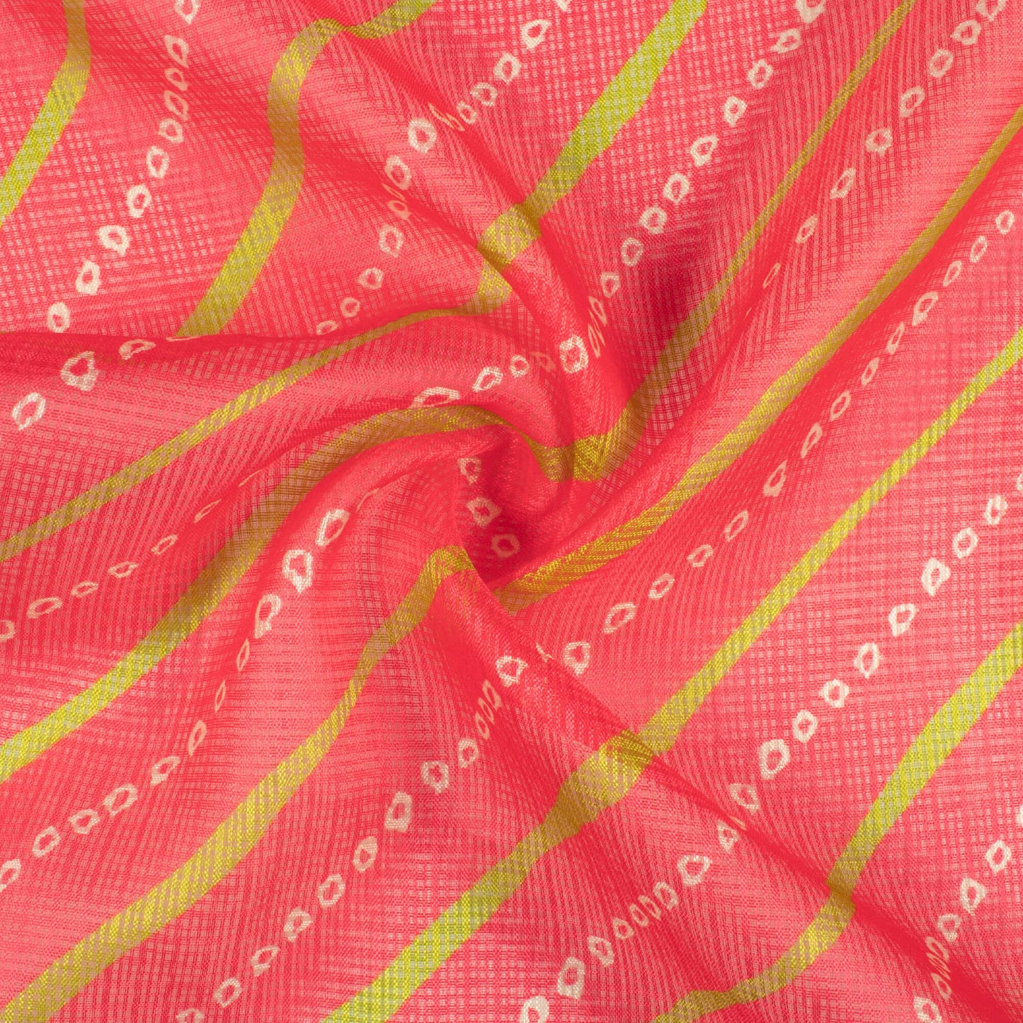 Persian Red And Pear Green Bandhani Pattern Digital Print Kota Doria Fabric