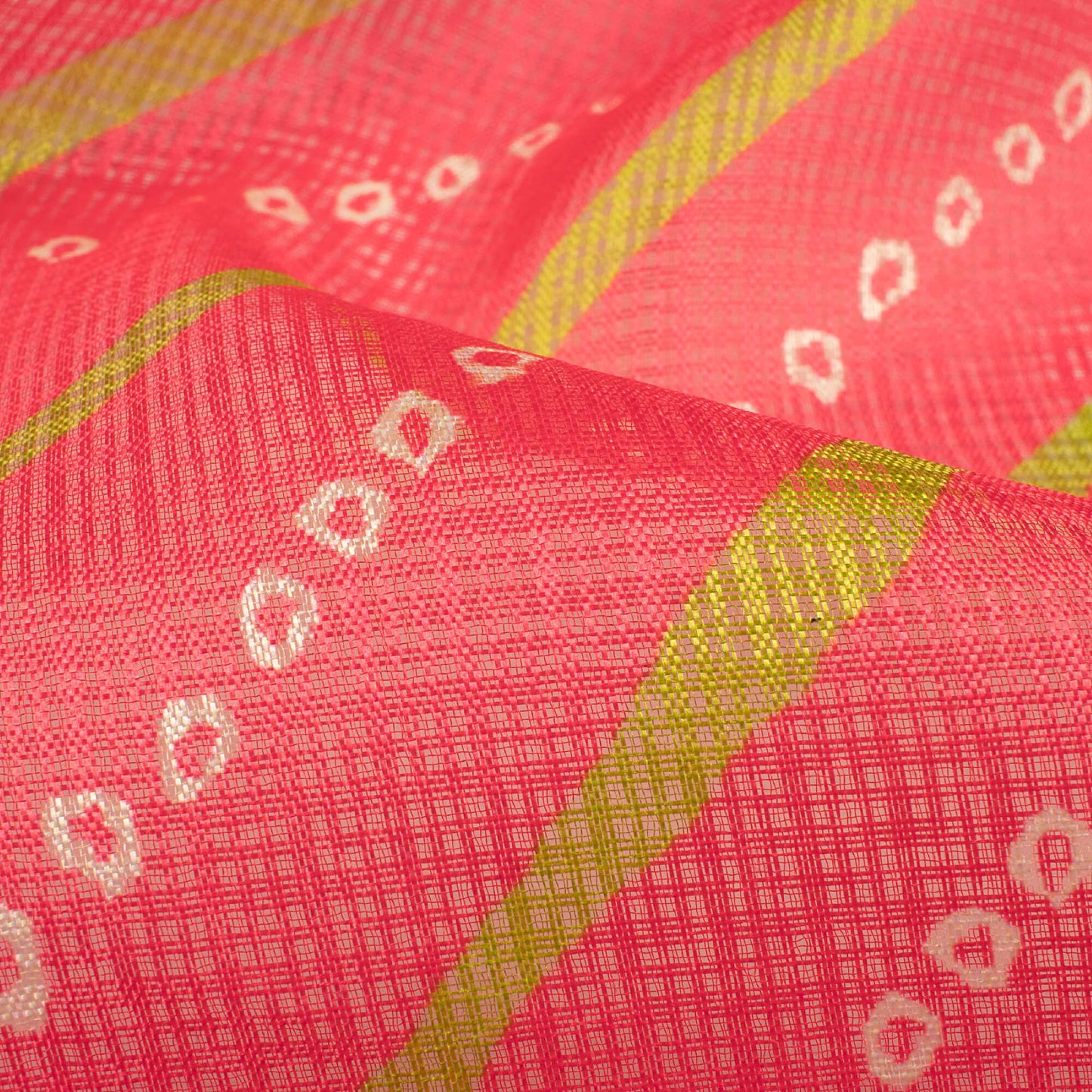 Persian Red And Pear Green Bandhani Pattern Digital Print Kota Doria Fabric