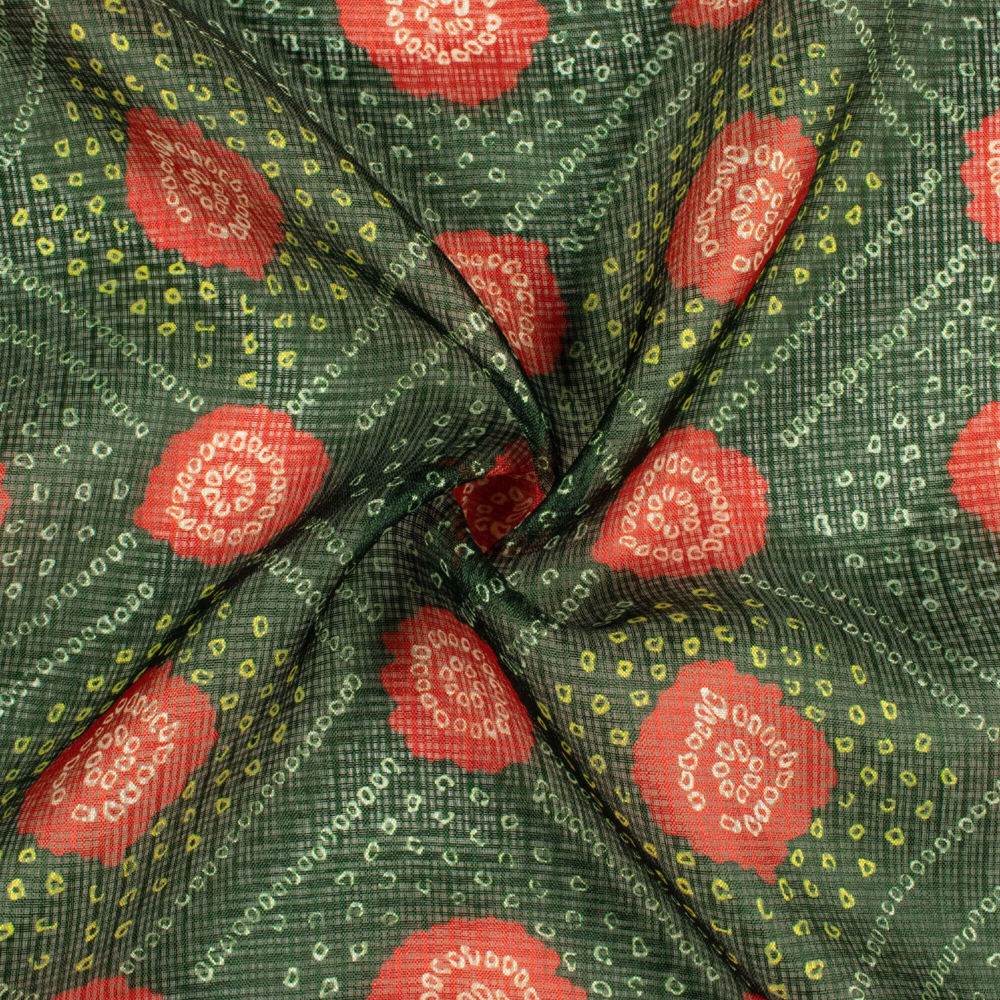 Dark Green And Blush Red Bandhani Pattern Digital Print Kota Doria Fabric