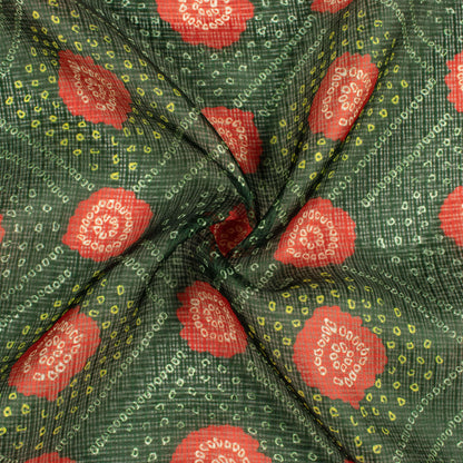 Dark Green And Blush Red Bandhanii Pattern Digital Print Kota Doria Fabric