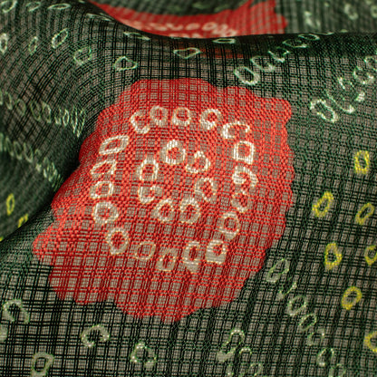 Dark Green And Blush Red Bandhanii Pattern Digital Print Kota Doria Fabric