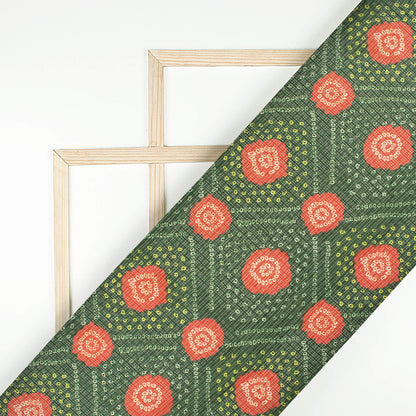 Dark Green And Blush Red Bandhanii Pattern Digital Print Kota Doria Fabric