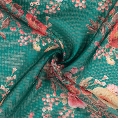 Pine Green And Red Floral Pattern Digital Print Kota Doria Fabric