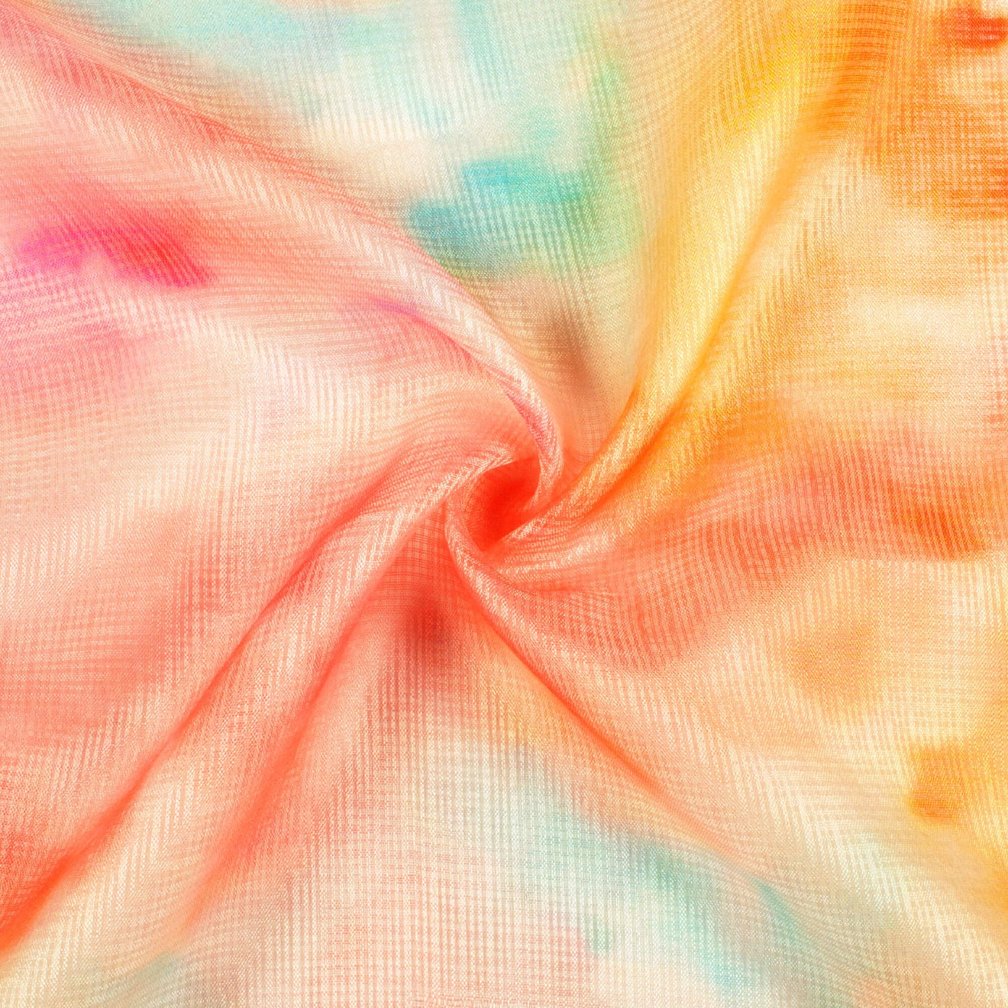 Blush Red And Fire Orange Tie & Dye Pattern Digital Print Kota Doria Fabric