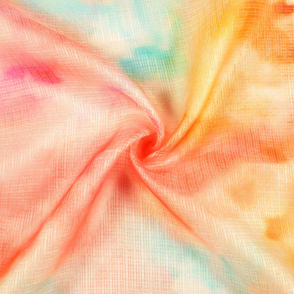 Blush Red And Fire Orange Tye And Dye Pattern Digital Print Kota Doria Fabric