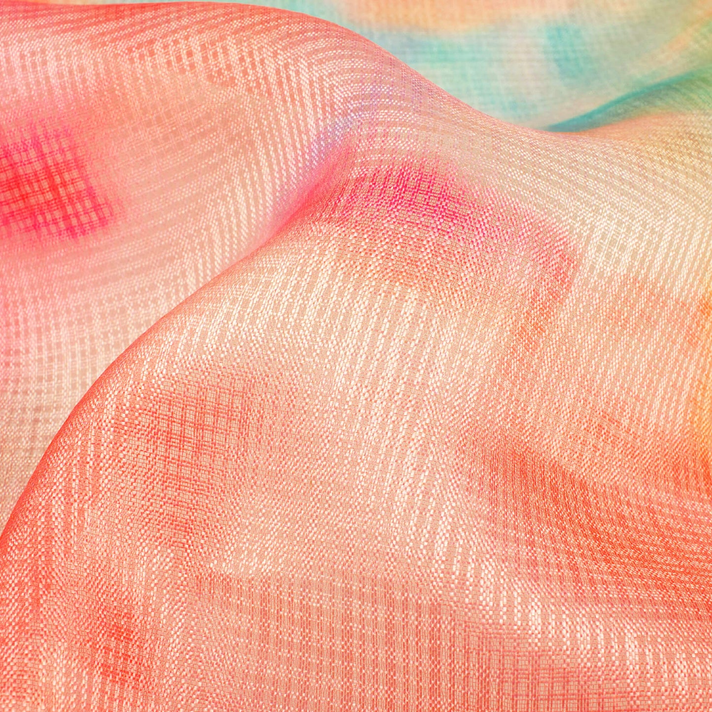 Blush Red And Fire Orange Tie & Dye Pattern Digital Print Kota Doria Fabric