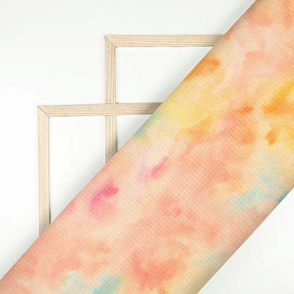 Blush Red And Fire Orange Tye And Dye Pattern Digital Print Kota Doria Fabric