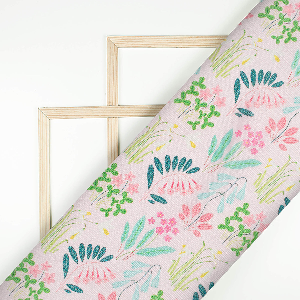 Pastel Pink And Green Leaf Pattern Digital Print Kota Doria Fabric