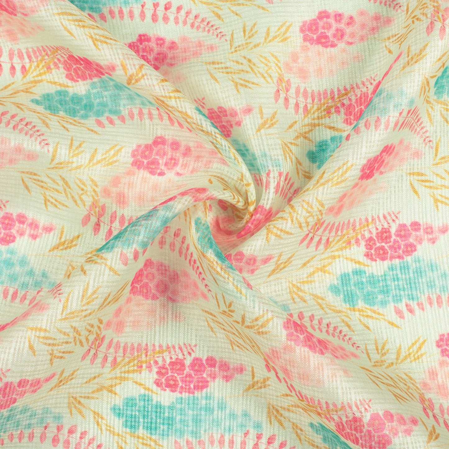 Tea Green And Magenta Pink Floral Pattern Digital Print Kota Doria Fabric