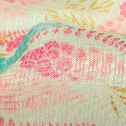 Tea Green And Magenta Pink Floral Pattern Digital Print Kota Doria Fabric