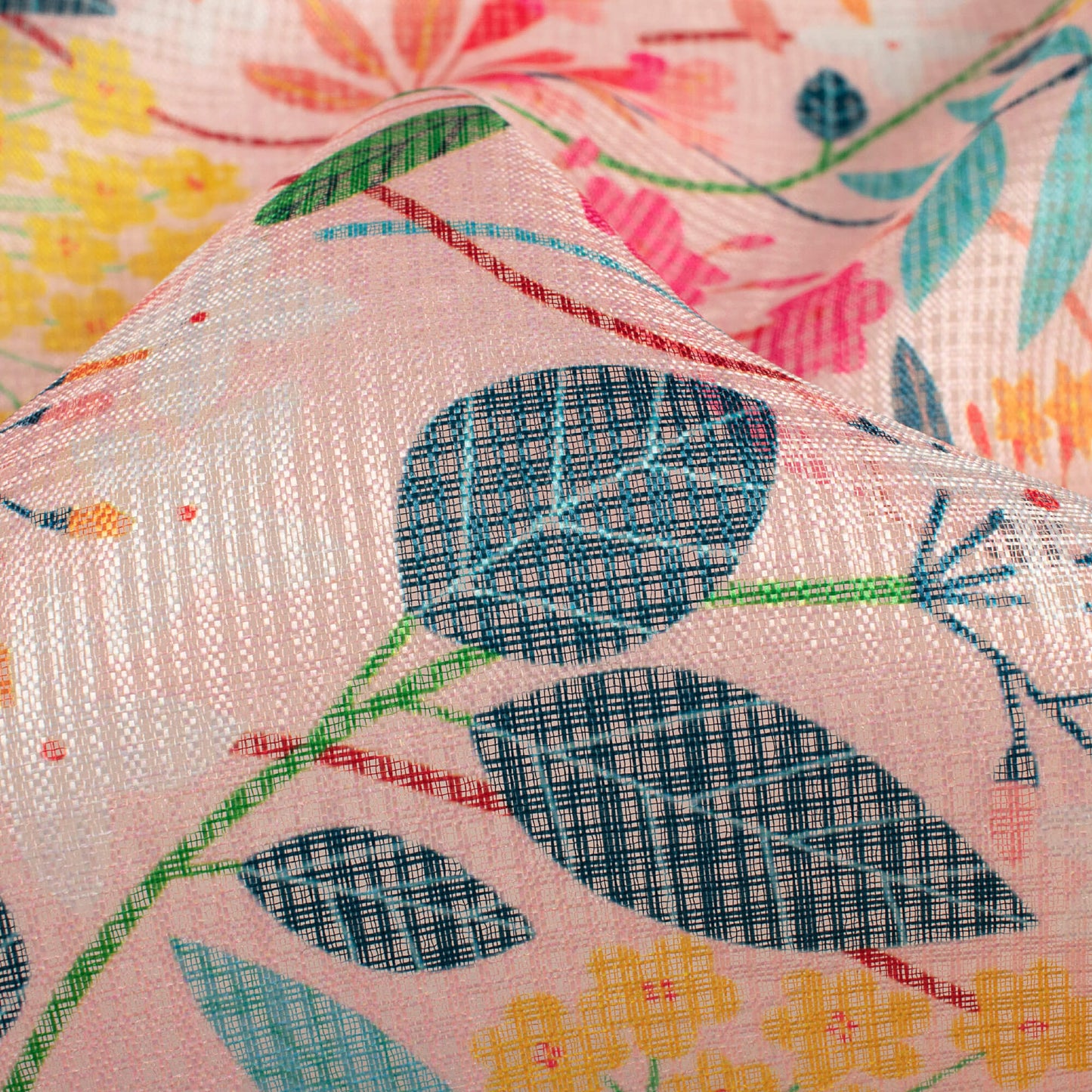 Pale Pink And Green Leaf Pattern Digital Print Kota Doria Fabric