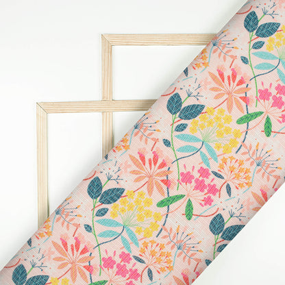 Pale Pink And Green Leaf Pattern Digital Print Kota Doria Fabric
