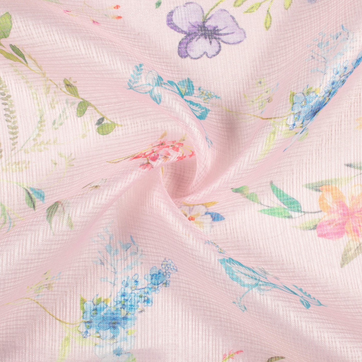 Pale Pink And Fern Green Floral Pattern Digital Print Kota Doria Fabric