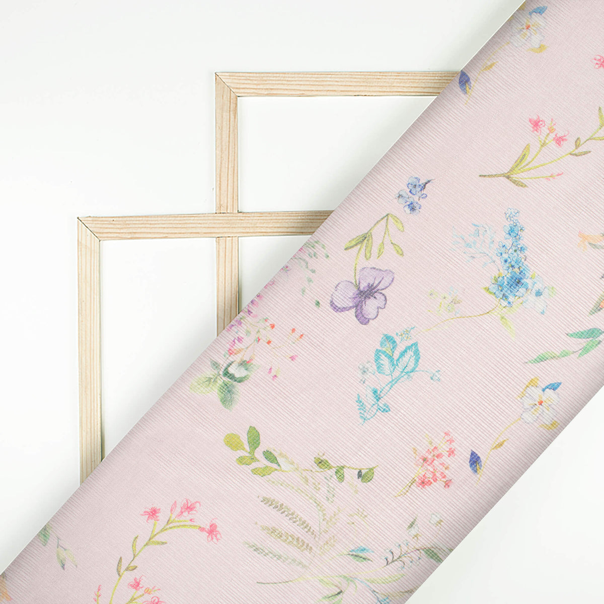 Pale Pink And Fern Green Floral Pattern Digital Print Kota Doria Fabric