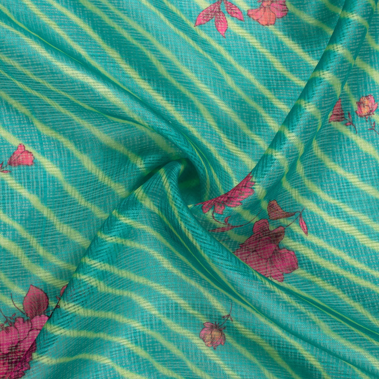 Pine Green And Lemon Yellow Leheriya Pattern Digital Print Kota Doria Fabric