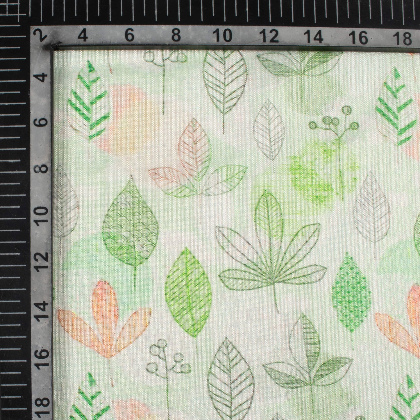 Fern Green And Orange Leaf Pattern Digital Print Kota Doria Fabric