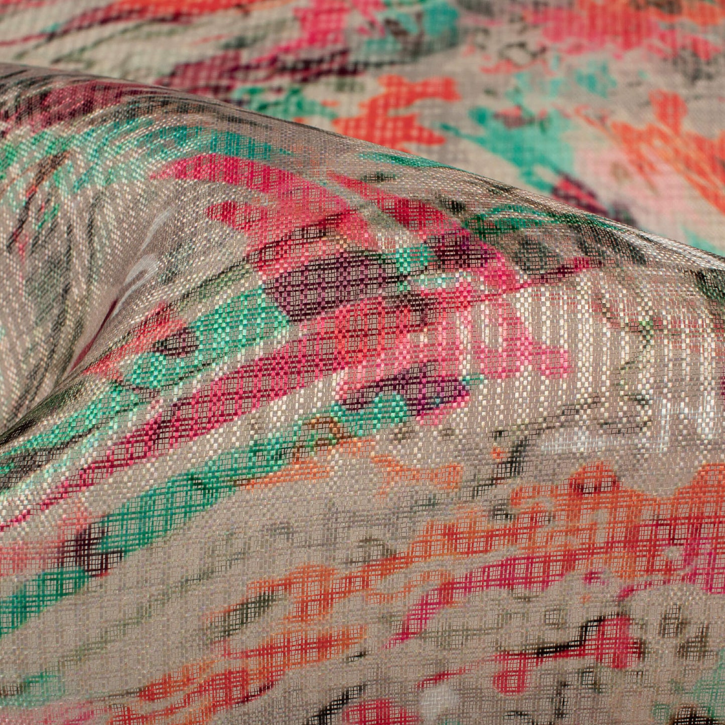 Jade Green And Desire Red Abstract Pattern Digital Print Kota Doria Fabric