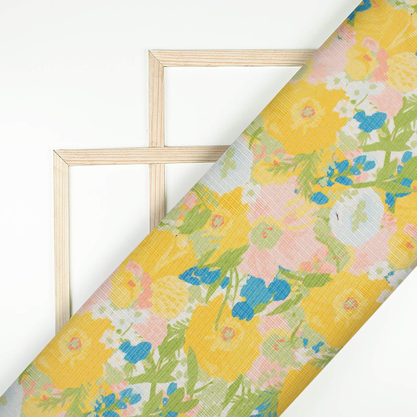Mustard Yellow And Baby Pink Floral Pattern Digital Print Kota Doria Fabric