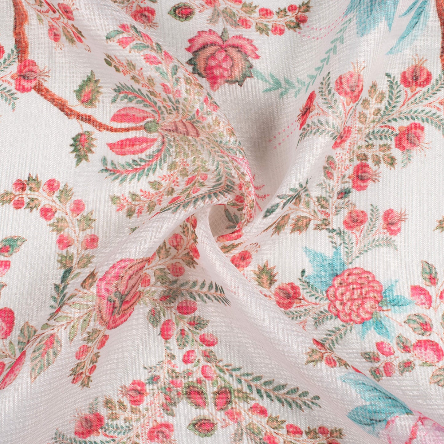 White And Pink Floral Pattern Digital Print Kota Doria Fabric