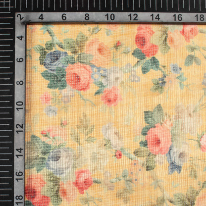 Mustard Yellow And Red Floral Pattern Digital Print Kota Doria Fabric