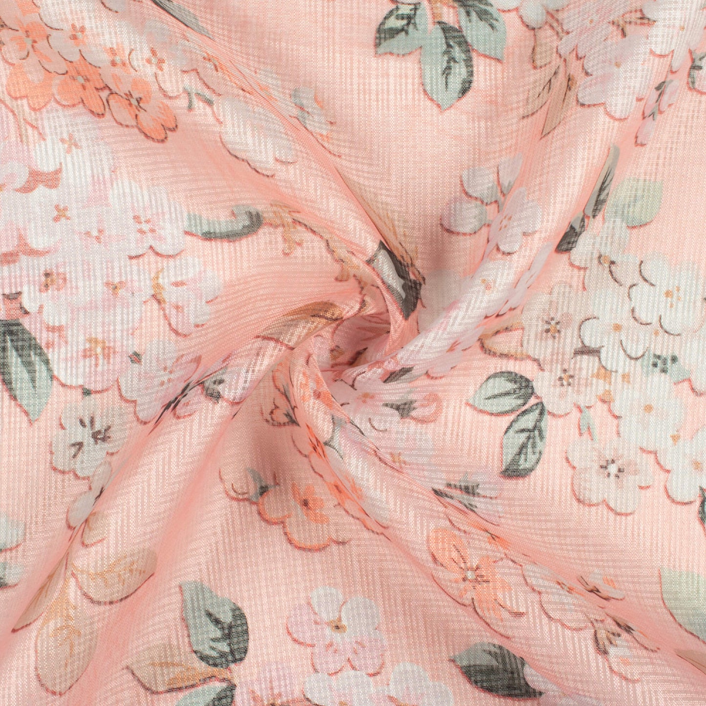 Baby Pink And Peach Floral Pattern Digital Print Kota Doria Fabric