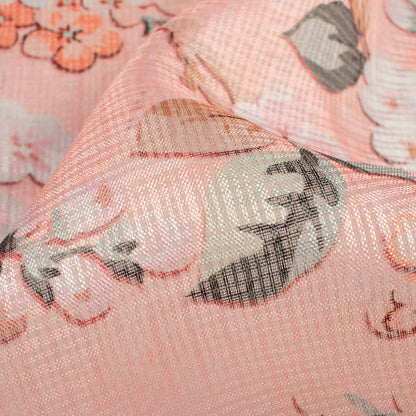 Baby Pink And Peach Floral Pattern Digital Print Kota Doria Fabric