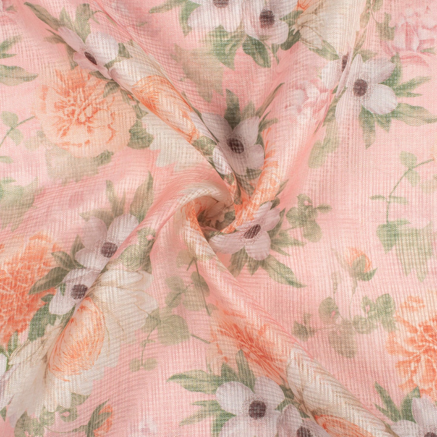 Baby Pink And Peach Floral Pattern Digital Print Kota Doria Fabric