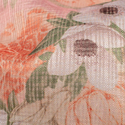 Baby Pink And Peach Floral Pattern Digital Print Kota Doria Fabric