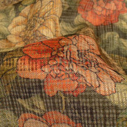 Fern Green And Blush Red Floral Pattern Digital Print Kota Doria Fabric