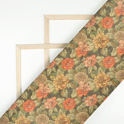 Fern Green And Blush Red Floral Pattern Digital Print Kota Doria Fabric