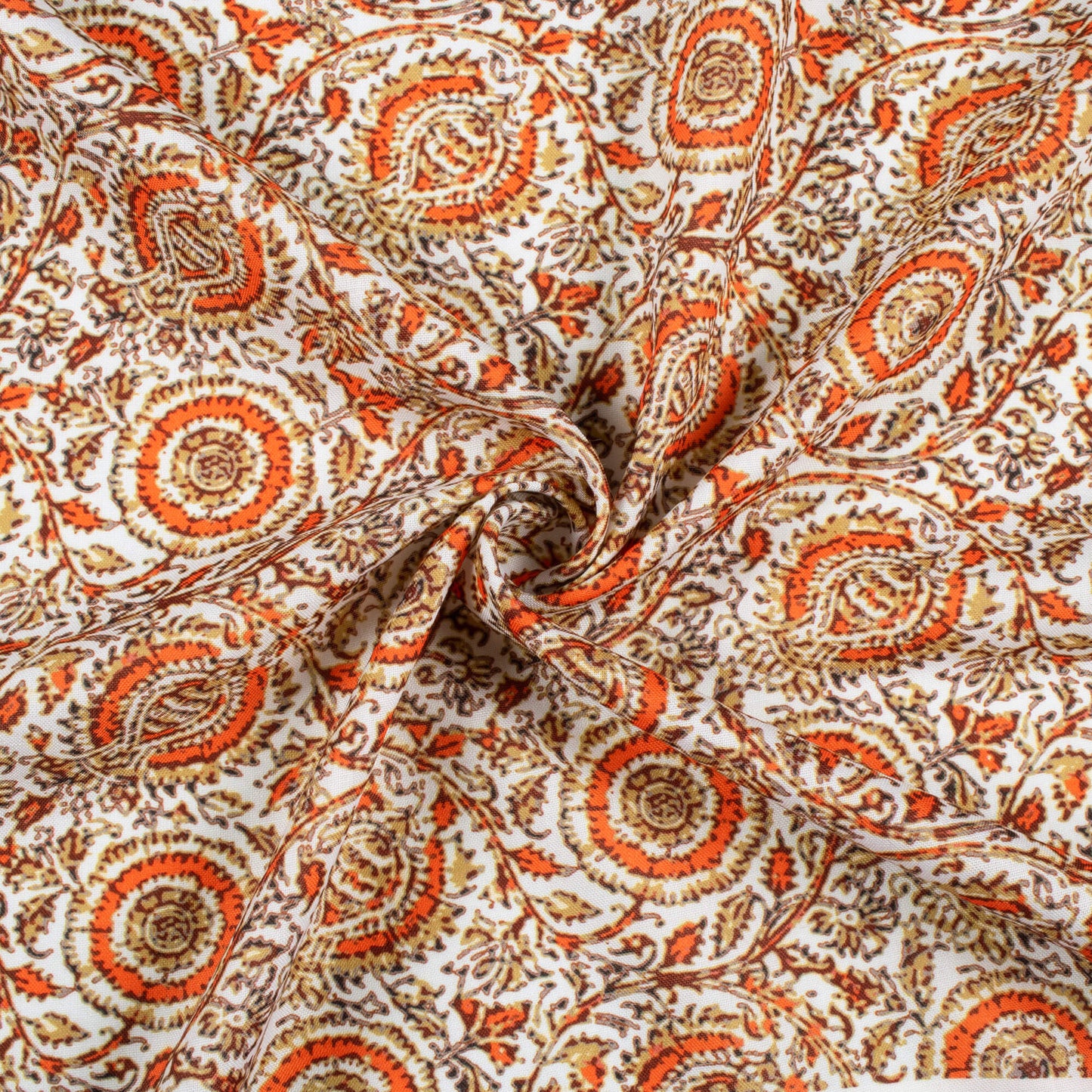 White And Orange Floral Pattern Digital Print Rayon Fabric