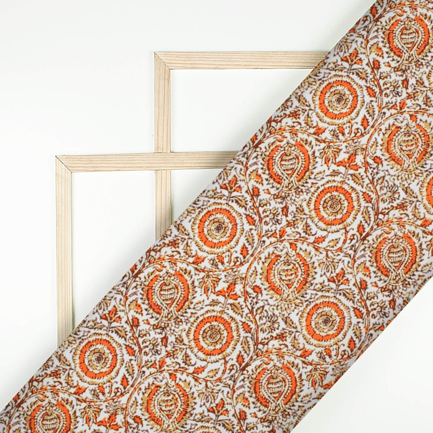 White And Orange Floral Pattern Digital Print Rayon Fabric