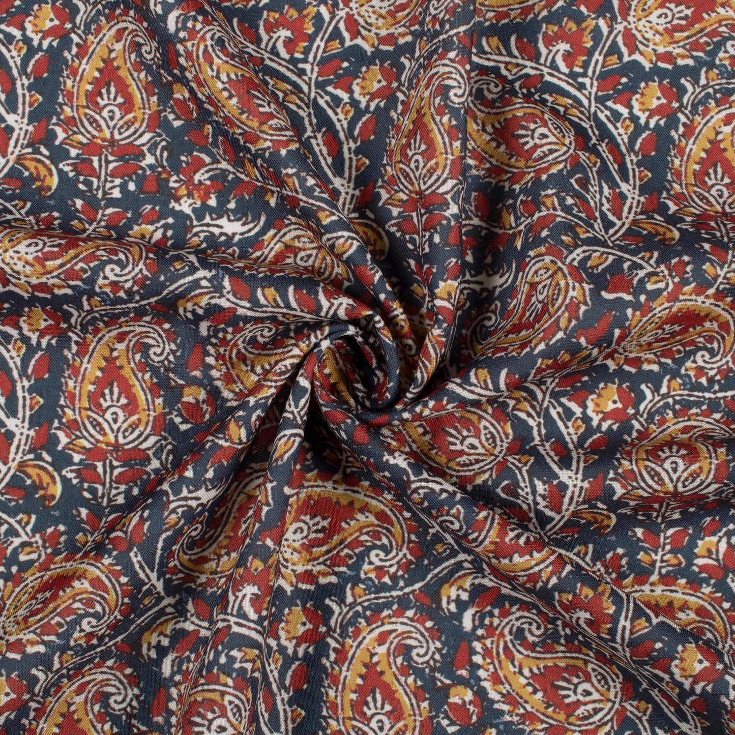 Dark Blue And Red Paisley Pattern Digital Print Rayon Fabric