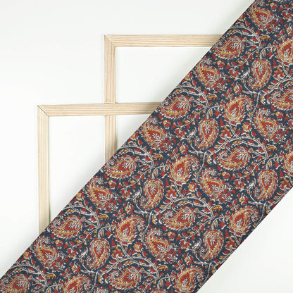 Dark Blue And Red Paisley Pattern Digital Print Rayon Fabric